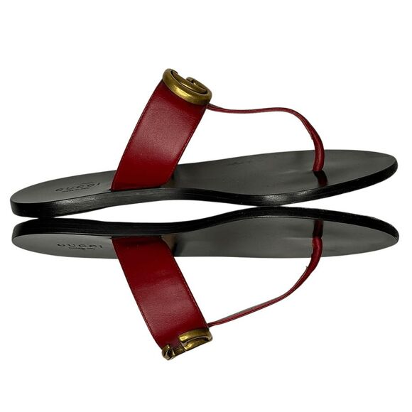 Gucci Marmont GG Logo T-Strap Thong Sandals Red Leather Flats EU 37 US 7 - Picture 6 of 11